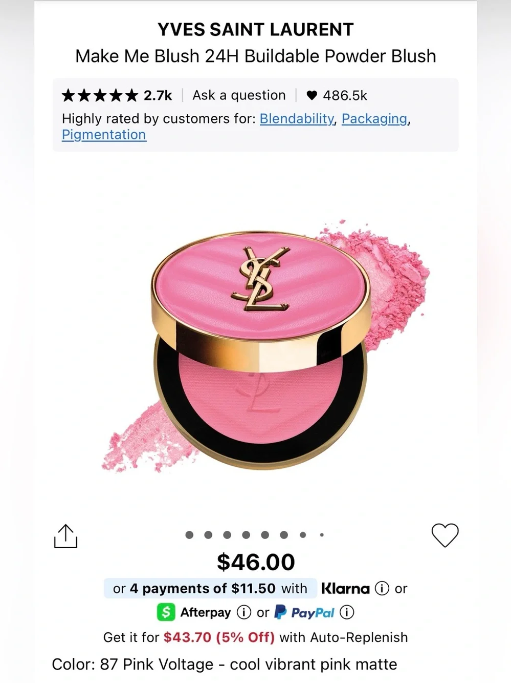 YSL Make me Blush 24H Buildable Powder Blush in shade 87 Pink Voltage